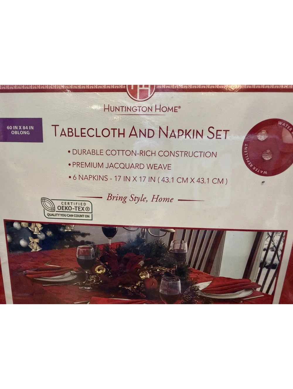Huntington Home Red Tablecloth & Napkin Set NIP - Durable Cotton Blend Jacquard